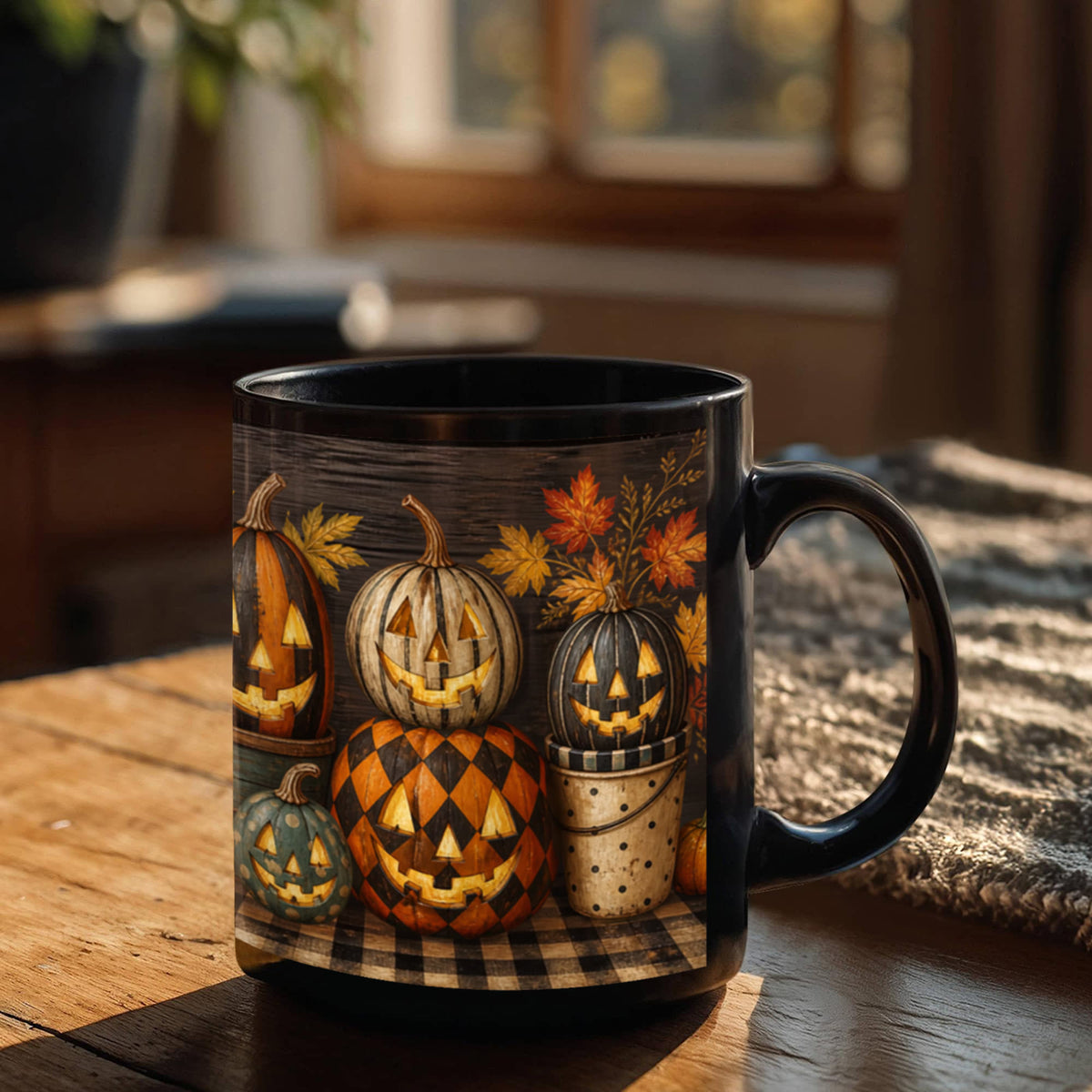 Black ceramic coffee mug with jack-o'-lantern and autumn leaf full-wrap graphic