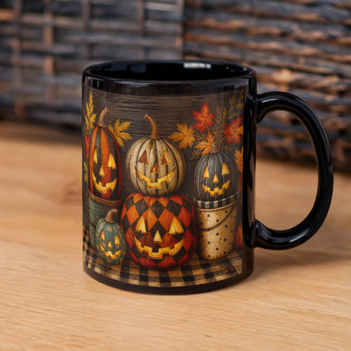 Black ceramic coffee mug with jack-o'-lantern and plaid bottom full-wrap design