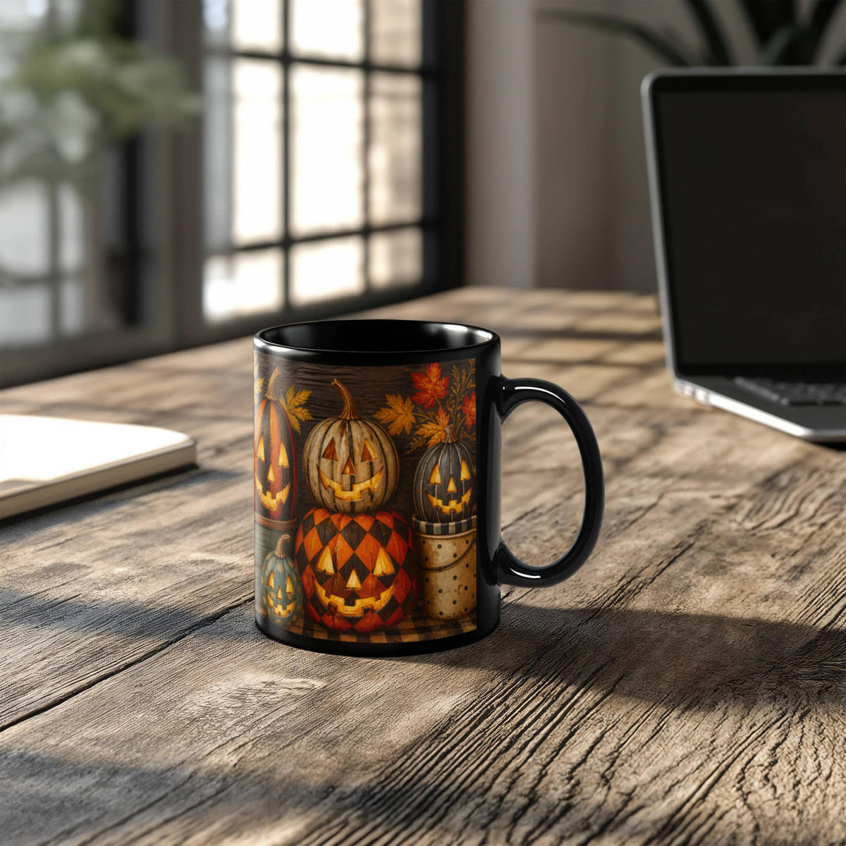 Black ceramic coffee mug with jack-o'-lantern pumpkin and autumn leaves graphic, side view