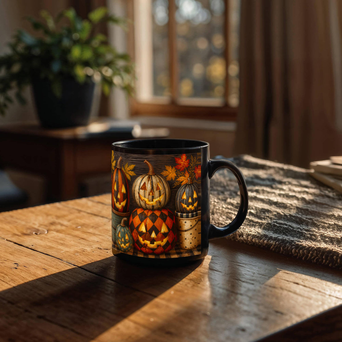 Black ceramic mug with jack-o'-lantern pumpkin illustration and patterned base, front view