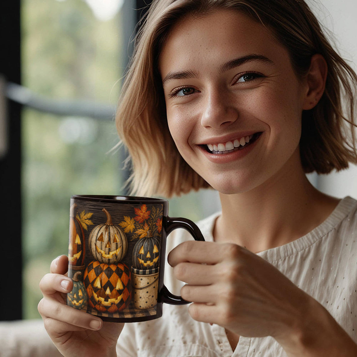Black ceramic coffee mug with jack-o'-lantern pumpkin design, held in two hands