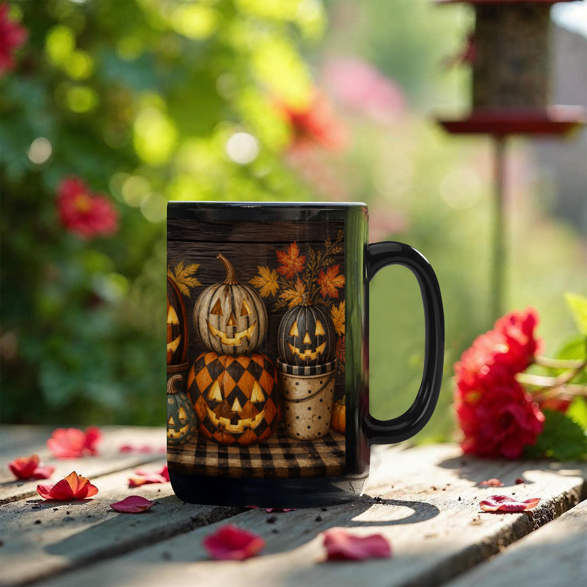 Black ceramic coffee mug with jack-o'-lantern full-wrap graphic, side handle visible