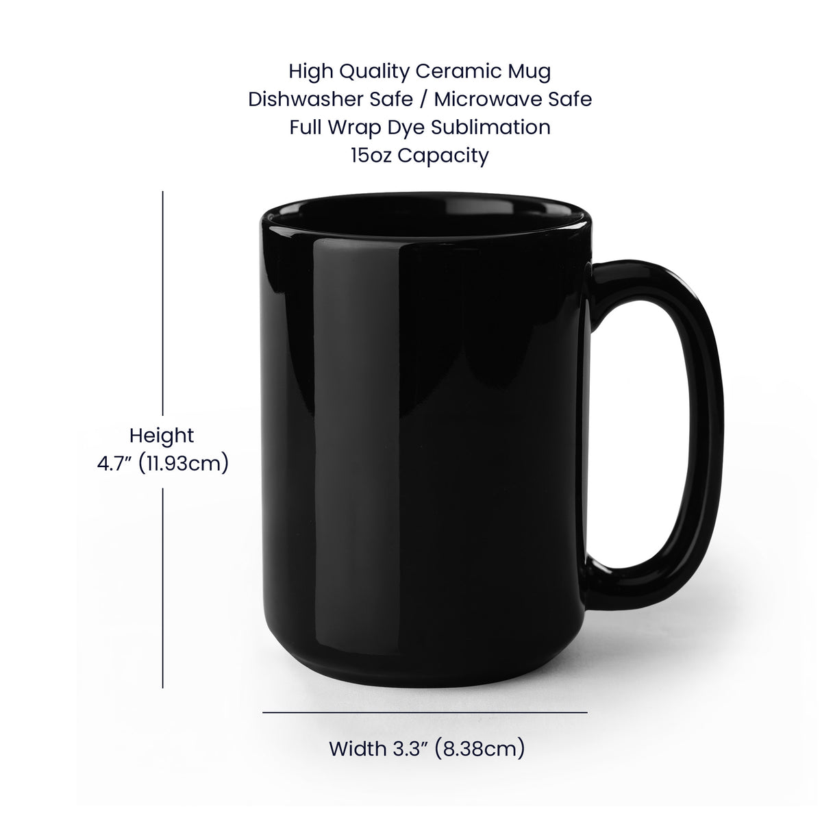 Black glossy ceramic coffee mug, front view with handle on right