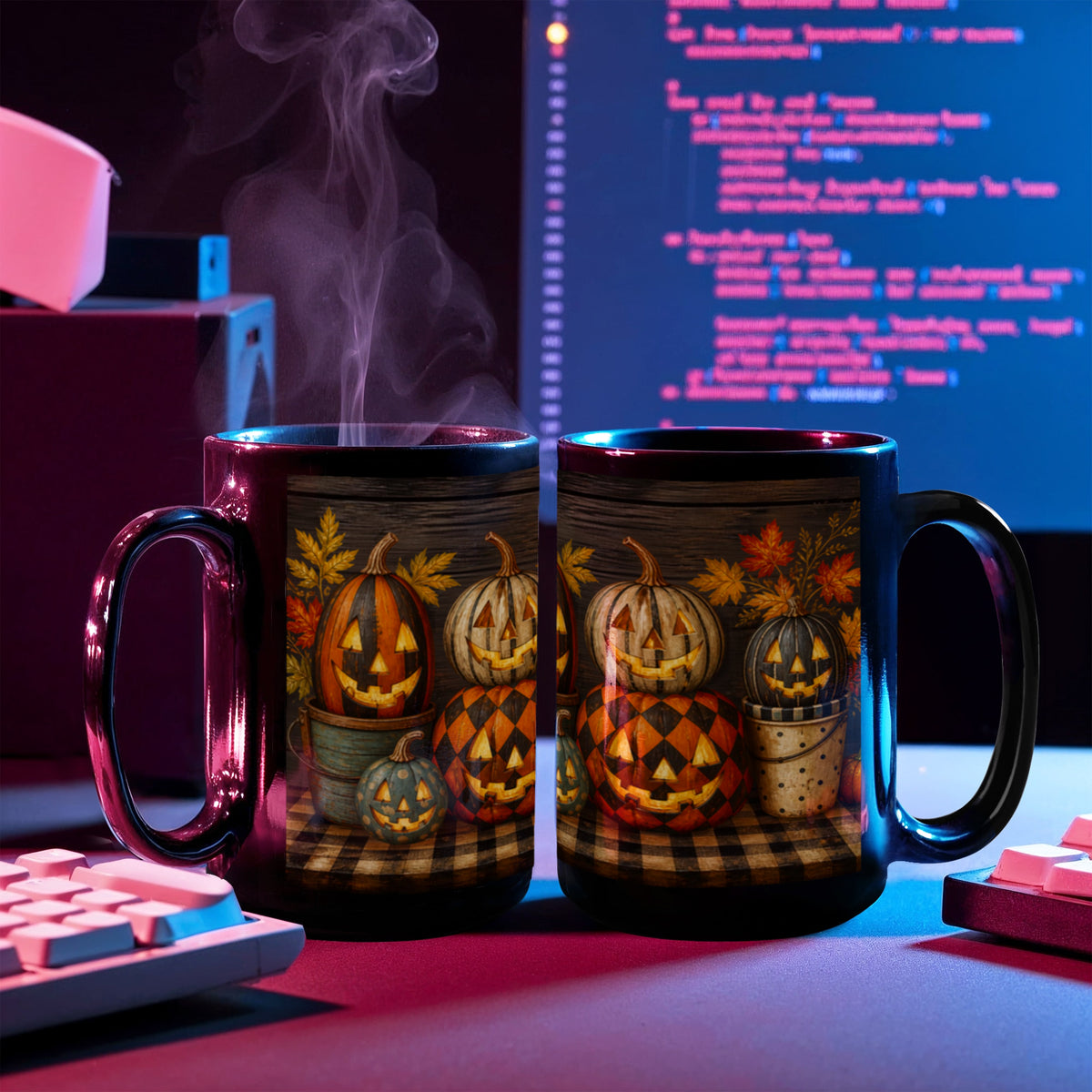Black ceramic coffee mug with full-wrap jack-o'-lantern and autumn leaf design