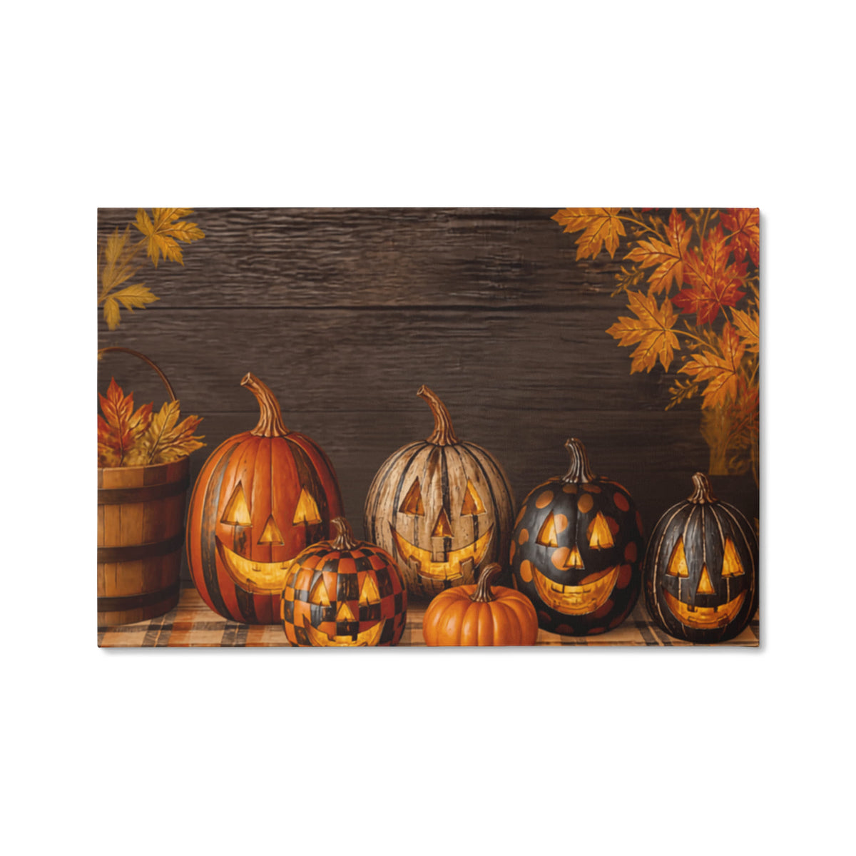Pumpkin canvas print with barrel pumpkins, jack-o-lantern faces, and plaid border