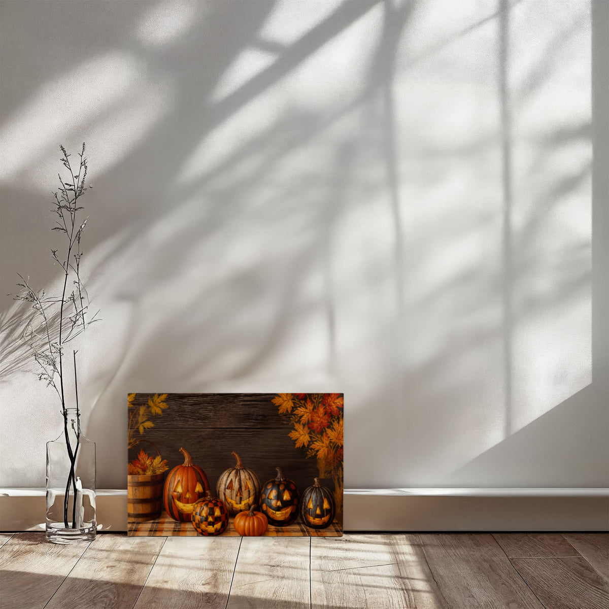 Autumn pumpkin canvas print with pumpkins and lantern gourds plus autumn leaves at corners