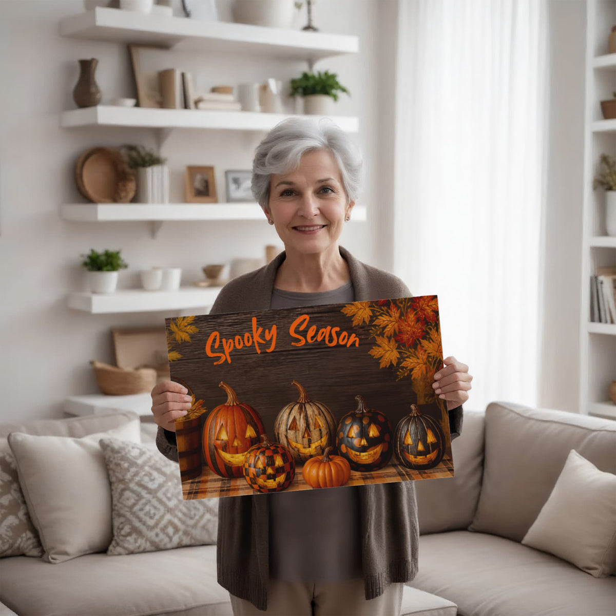 Halloween wall canvas print featuring jack-o'-lanterns, orange pumpkins, and “Spooky Season” title.