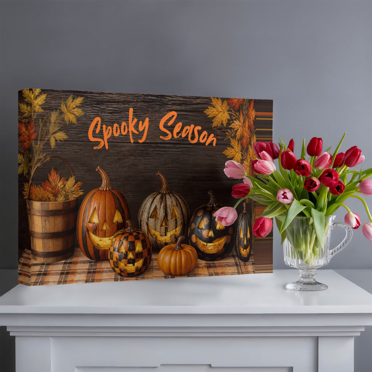 Halloween pumpkin canvas print with orange “Spooky Season” and jack-o’-lantern lineup