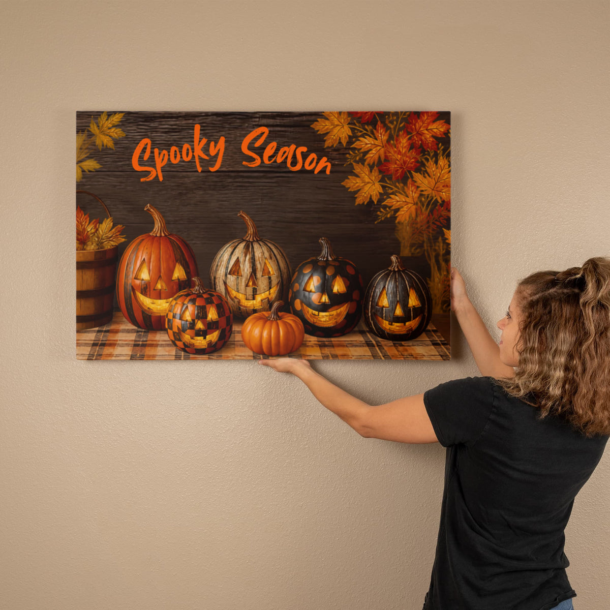 Halloween canvas print with jack-o’-lantern lineup and “Spooky Season” orange script