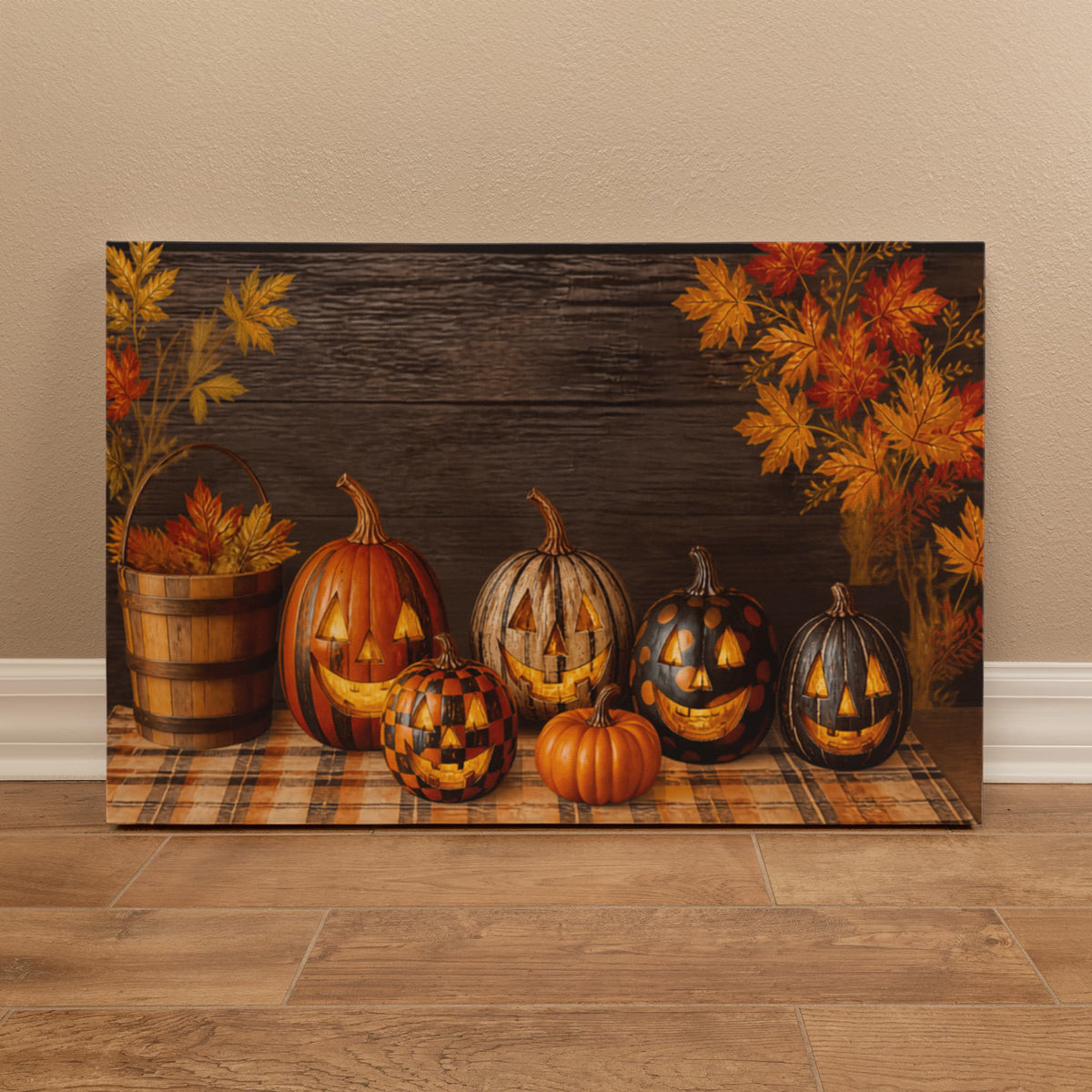 Rectangular pumpkin canvas print featuring gourds in a barrel with orange fall leaves