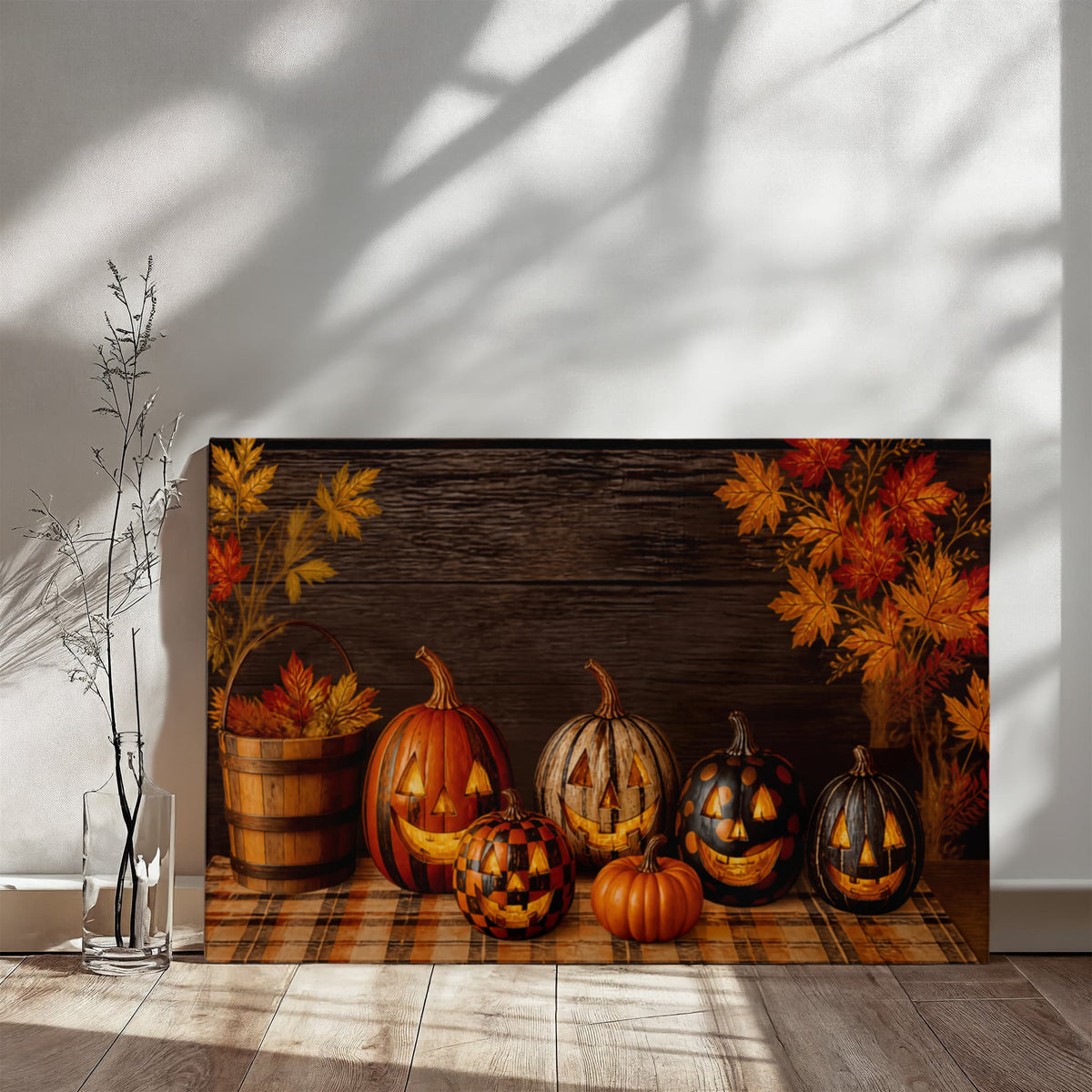 Autumn pumpkin canvas print with carved jack-o’-lanterns, gourds, and fall leaves border