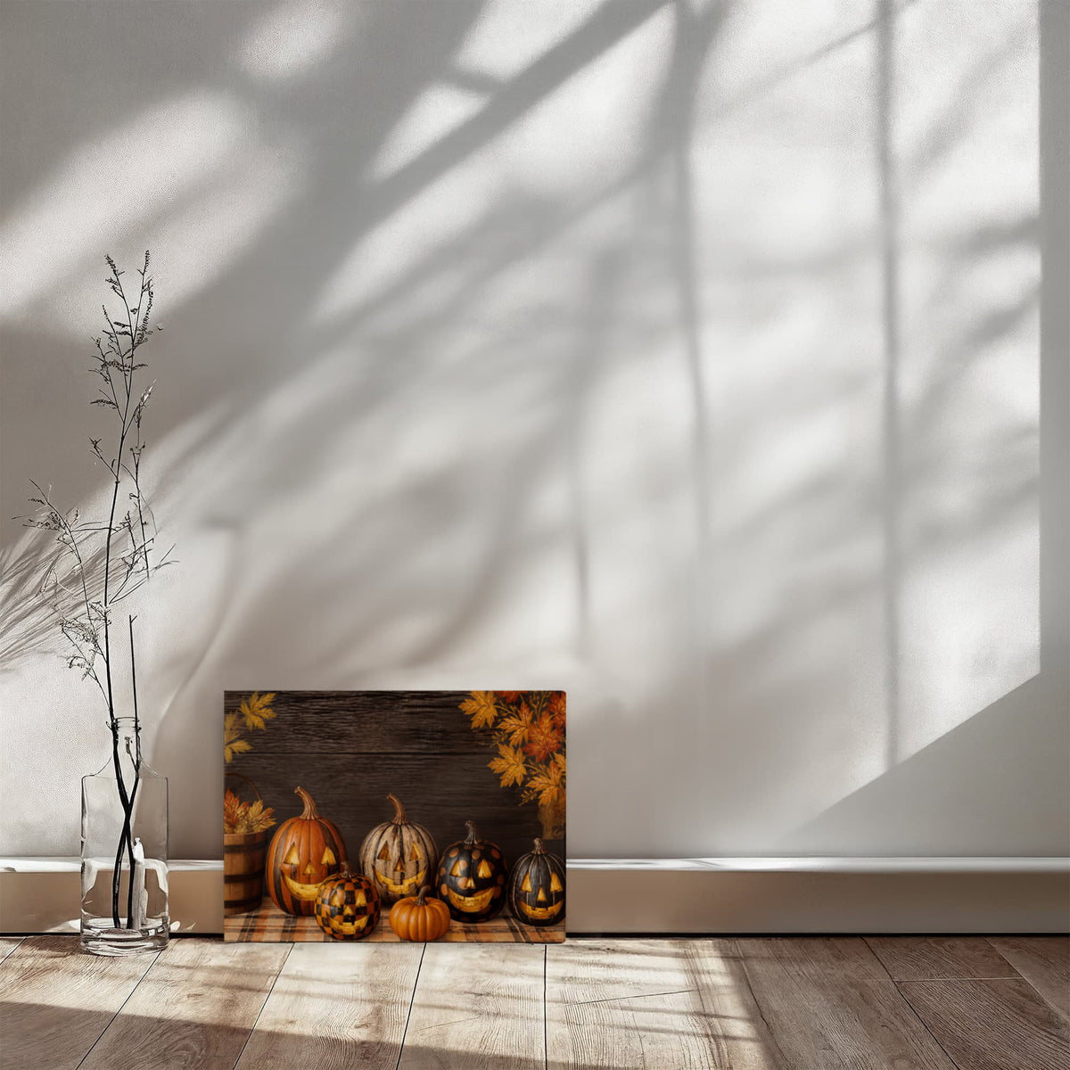 Pumpkin canvas print with jack-o-lanterns and autumn leaves on dark wooden backdrop