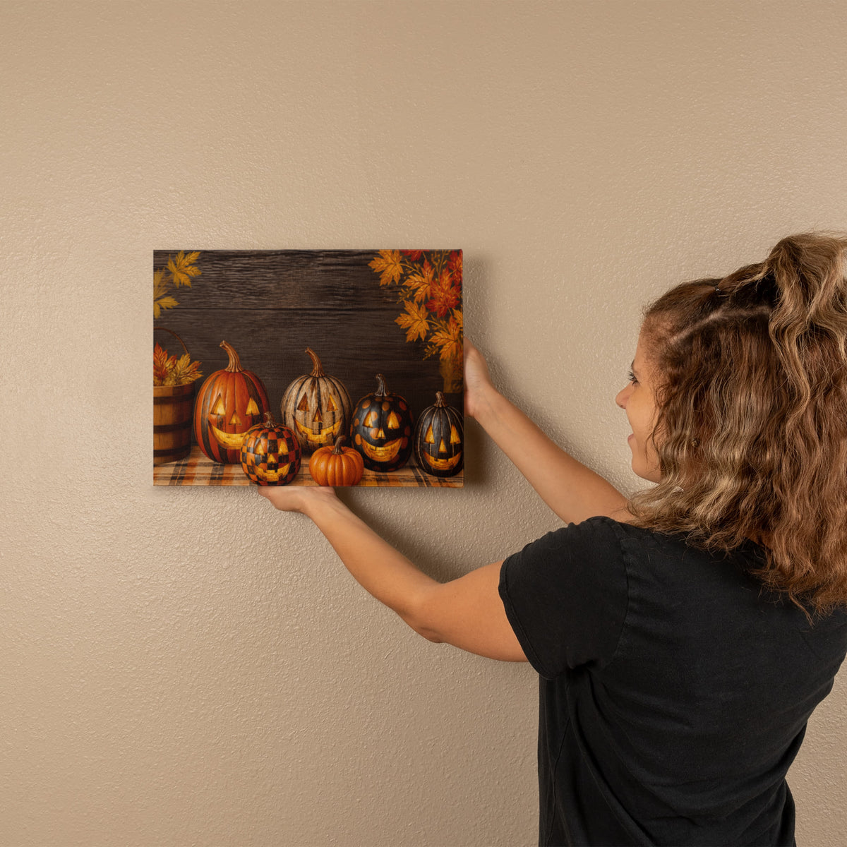 Pumpkin canvas print showing pumpkins, jack-o-lantern faces, and yellow-orange leaves