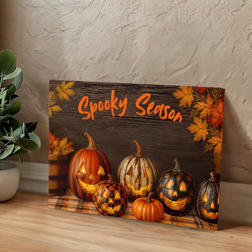 Halloween canvas print featuring jack-o'-lantern pumpkins, orange gourds, and “Spooky Season” text.