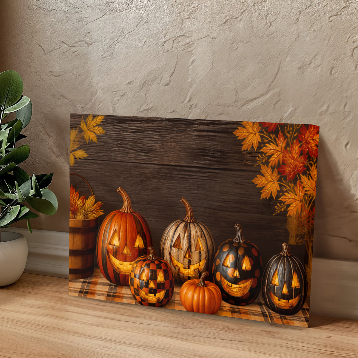 Autumn pumpkin canvas print featuring carved jack-o’-lanterns on a wooden plank base