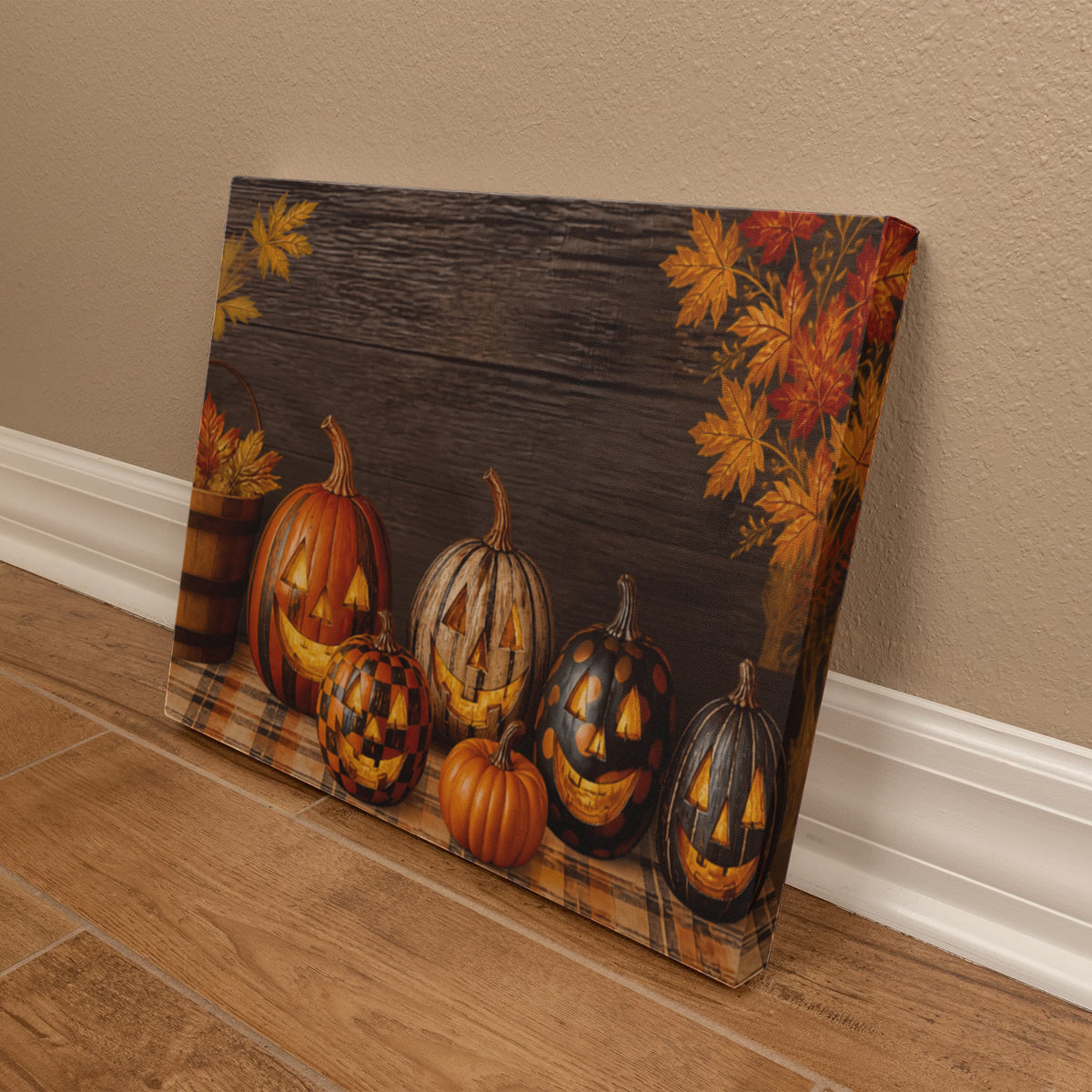 Pumpkin canvas print on the floor featuring orange jack-o-lanterns and fall leaves