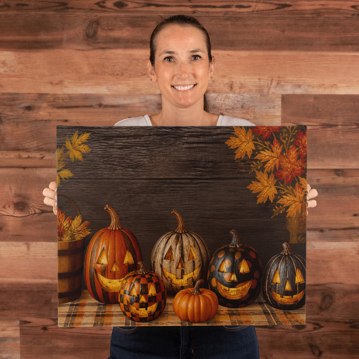 Autumn pumpkin canvas print with jack-o’-lanterns, gourds, and fall foliage in warm colors