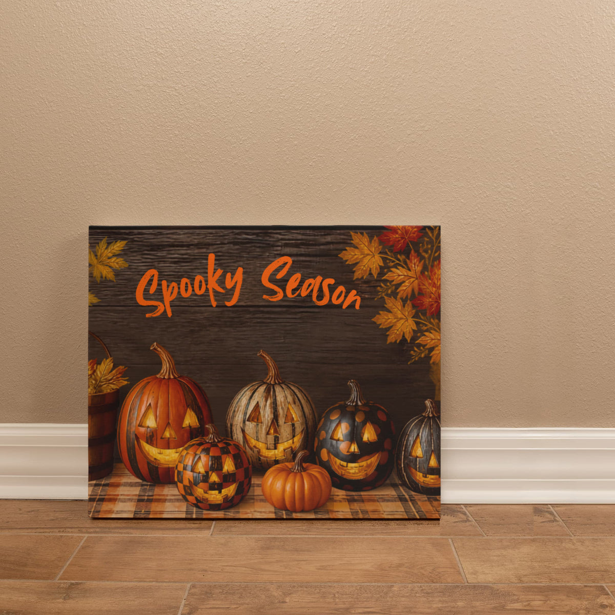 Horizontal Halloween canvas print with “Spooky Season” text and a row of jack-o'-lantern pumpkins.