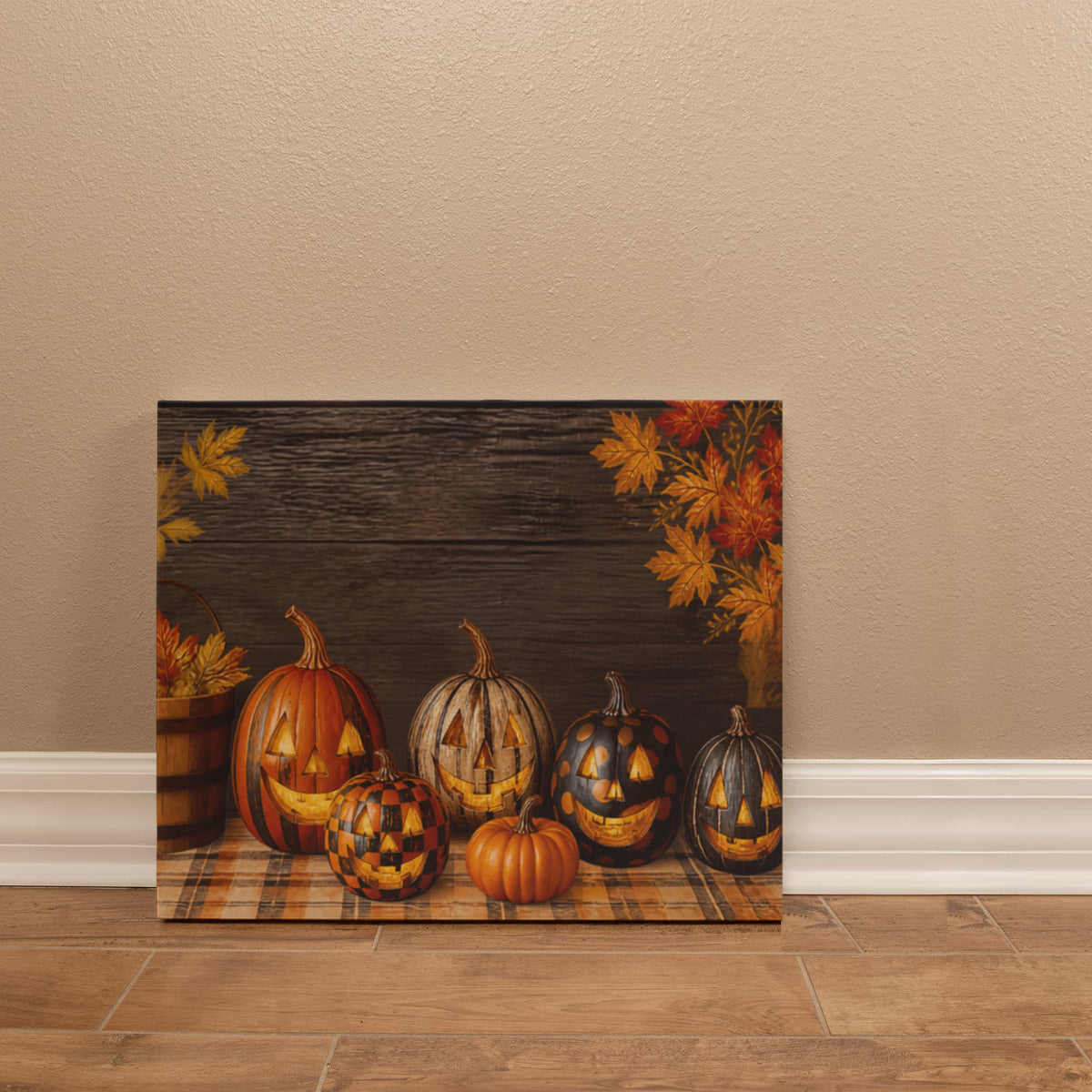 Autumn pumpkin canvas print with carved pumpkins and checker-pattern gourds on wood boards