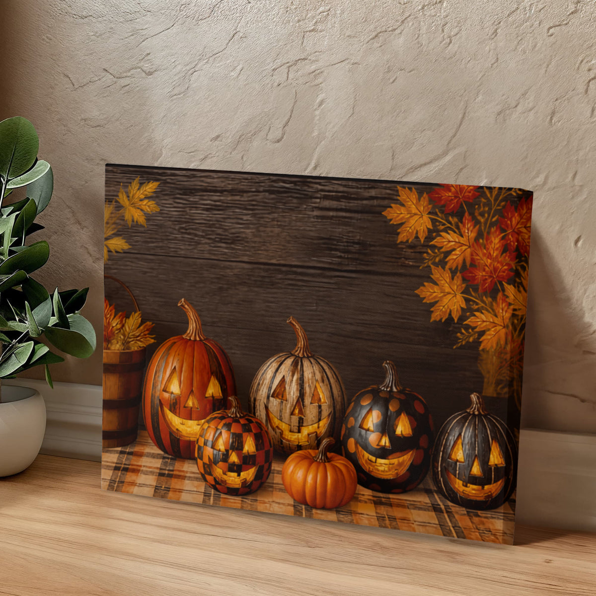 Autumn pumpkin canvas print with pumpkins and decorative lantern gourds under golden leaves