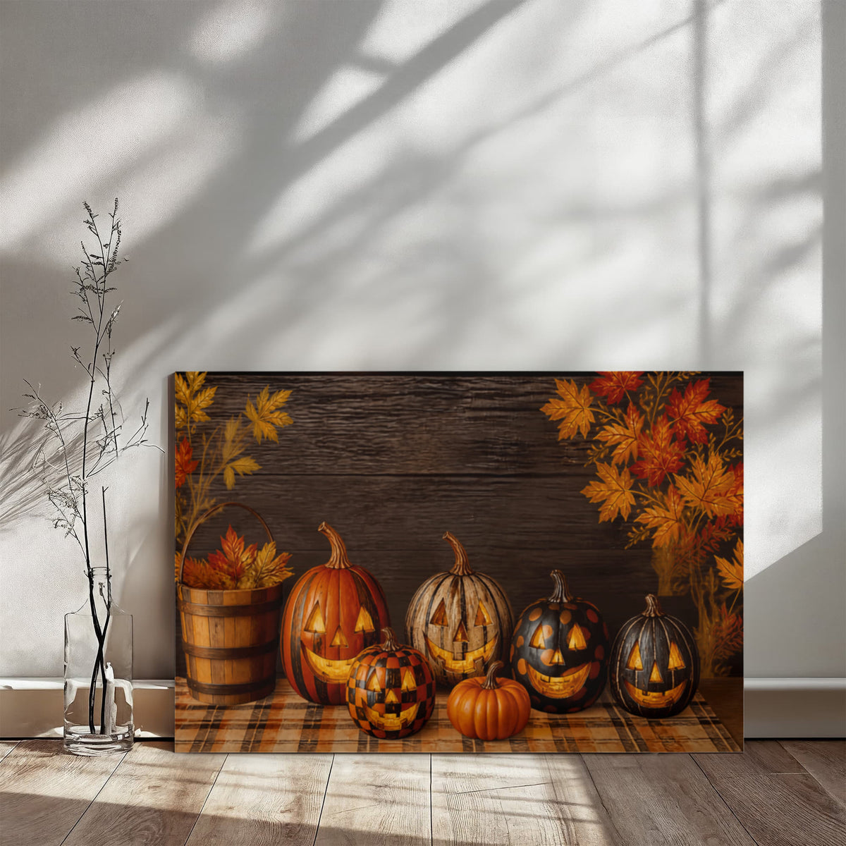 Autumn pumpkin canvas print showing jack-o’-lanterns, striped gourds, and maple leaves corner