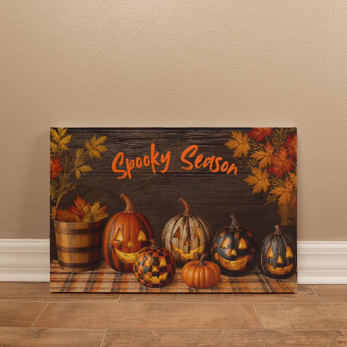 Spooky Season Halloween canvas featuring jack-o’-lanterns, gourds, and autumn leaves