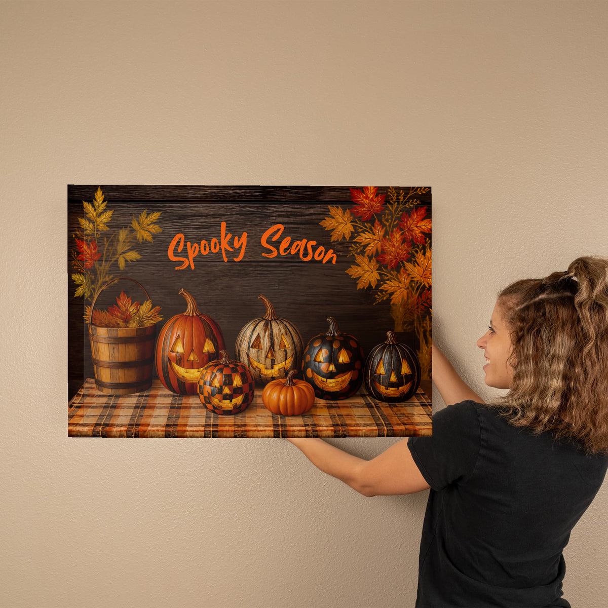 Halloween gallery canvas print with pumpkins and “Spooky Season” orange text