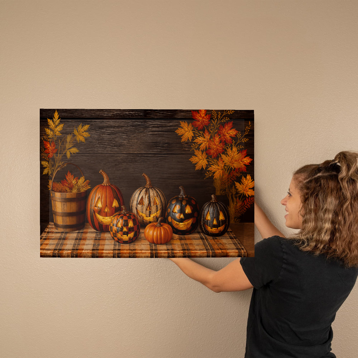 Pumpkin canvas print featuring pumpkins with jack-o-lantern faces and autumn foliage