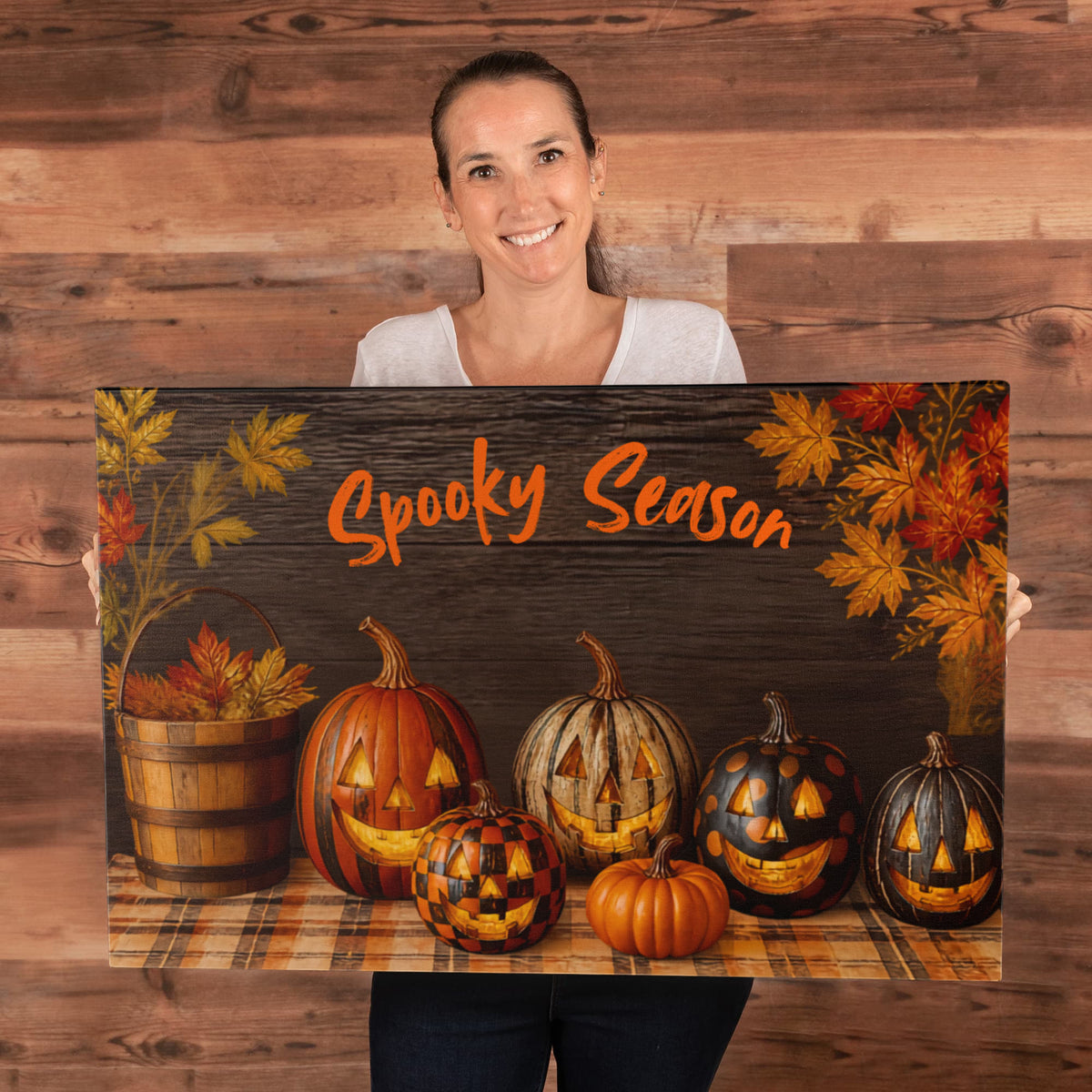 Halloween canvas print showing pumpkins and “Spooky Season” lettering with fall foliage