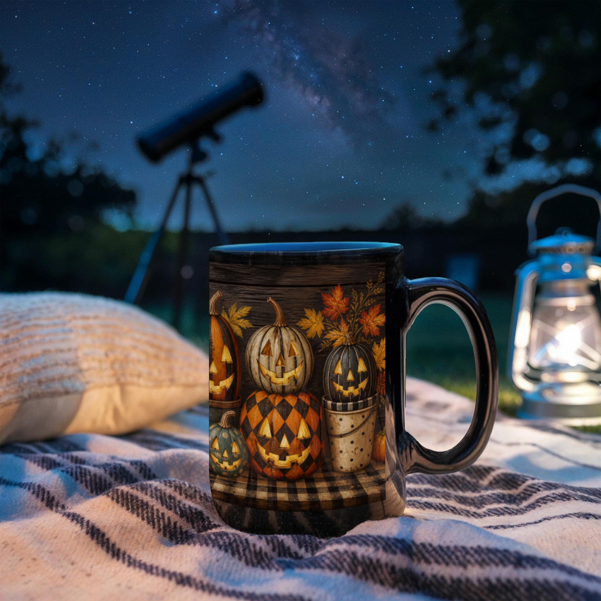 Black ceramic coffee mug with jack-o'-lantern pumpkin pattern and autumn leaves